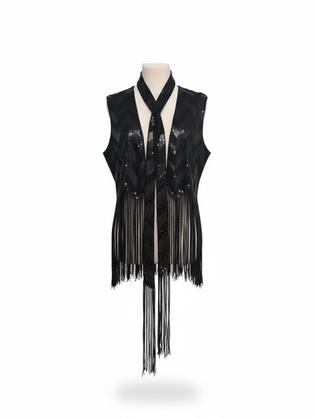 Zara Black Sequin Fringe Vest with matching neck/waist tie. Size XS/S